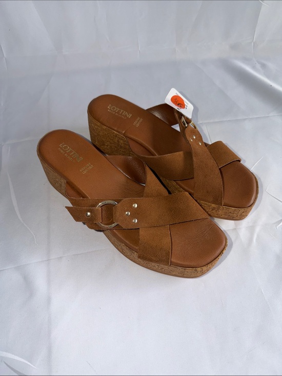 lotini Shoes - Lottini Italy Suede Cross Band Buckle Cork Wedge Slide Sandals Cuoio 9.5 NWT